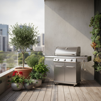 Grill placed with safe clearance from wall and plants