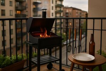 Compact balcony grill with small chimney and tools