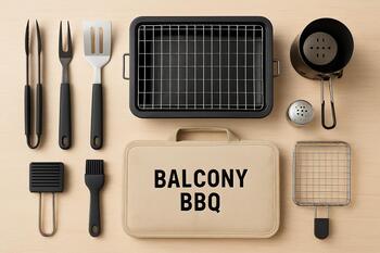 Balcony BBQ kit flat-lay with compact tools