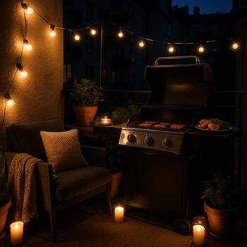 Cozy balcony grill with string lights at night