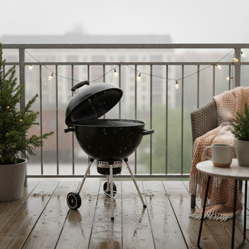 Compact kettle grill on a small balcony during drizzle