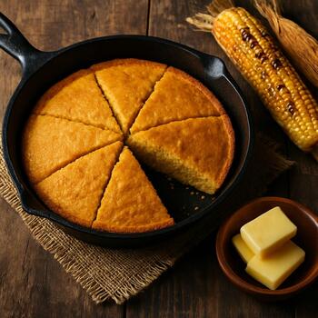 Cornbread in a cast-iron pan next to smoked corn and butter