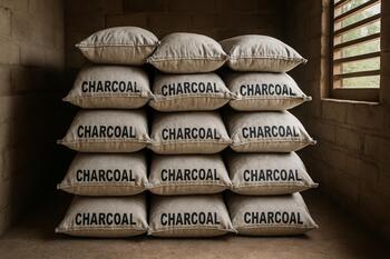 Charcoal bags stacked in a ventilated dry room