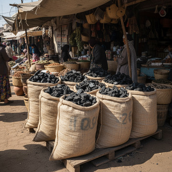 Market sacks of charcoal with varied chunk sizes