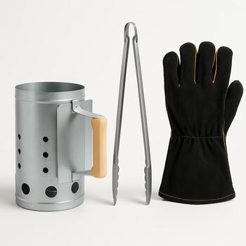 Compact chimney starter with tongs and gloves