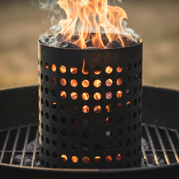 Half-loaded chimney starter with steady flames