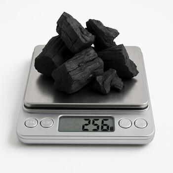 Digital scale weighing charcoal pieces