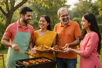 Family serving grilled food at a small table