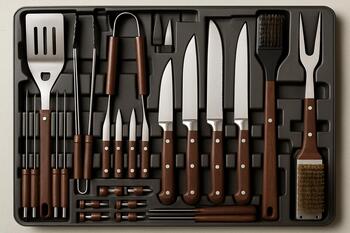 Festival-size BBQ kit flat-lay with extended tools