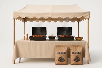 Festival pop-up stall with grills and charcoal bags