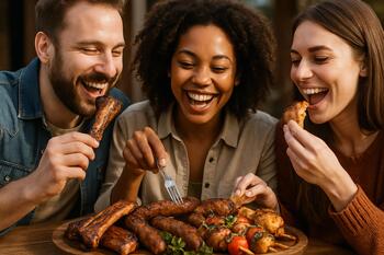 Friends tasting grilled platter