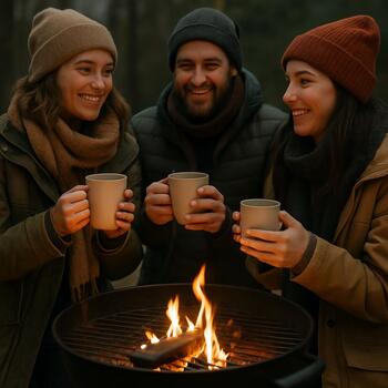 Friends holding warm tea near the grill