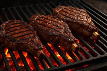 Cast-iron grate glowing over charcoal with steaks searing