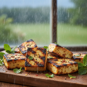 Grilled paneer with blistered edges under soft rain light