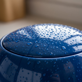 Rain beads on a glossy kettle lid