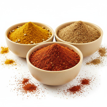 Small bowls with red and golden masalas