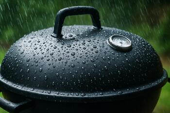 Grill lid with water beads during rain test