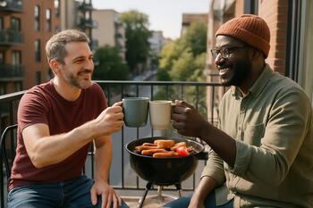 Two neighbors clinking tea mugs on a balcony with a small grill