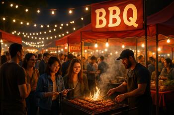 Night market BBQ festival scene with lights