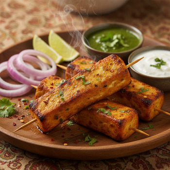 Paneer seekh served with onions and lime