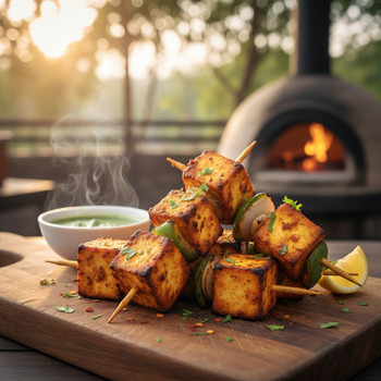 Paneer tikka cubes resting on a board