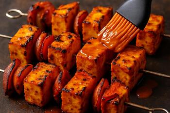 Paneer tikka skewers brushed with marinade