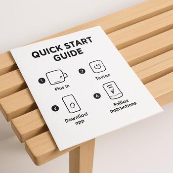 Printed quick-start guide on a bench
