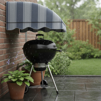 Small awning shielding a kettle grill from drizzle