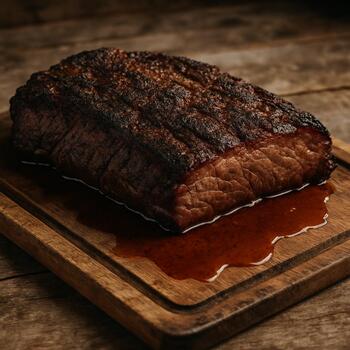 Meat resting on a wooden board with juices pooling