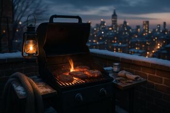 Rooftop grill with city lights at dusk