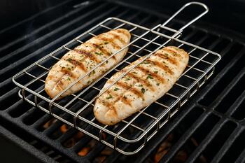 Fish fillets in a grill basket on grate