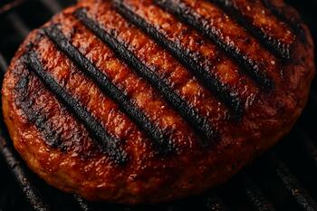 Close-up of dark sear marks on meat