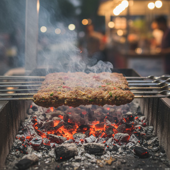 Seekh kebab skewers over glowing coals