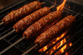 Seekh kebab skewers laid over a small grill