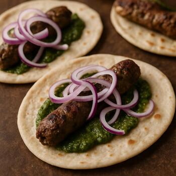 Assembling seekh wraps with onions and chutney