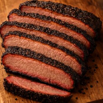 Smoked brisket slices with pepper bark on a wooden board