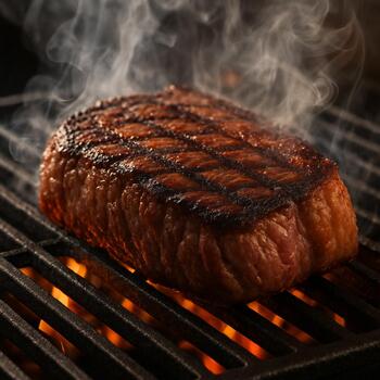 Steak getting hard sear on a cast-iron grate