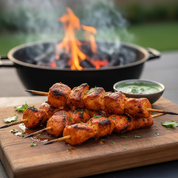 Tikka resting on a wooden board near the grill