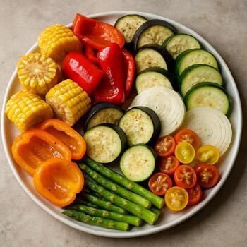 Colorful platter of vegetables ready for the grill