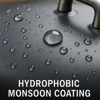 Close-up of water beads rolling off enamel