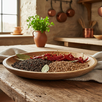 Tray with whole spices: pepper, coriander, chili